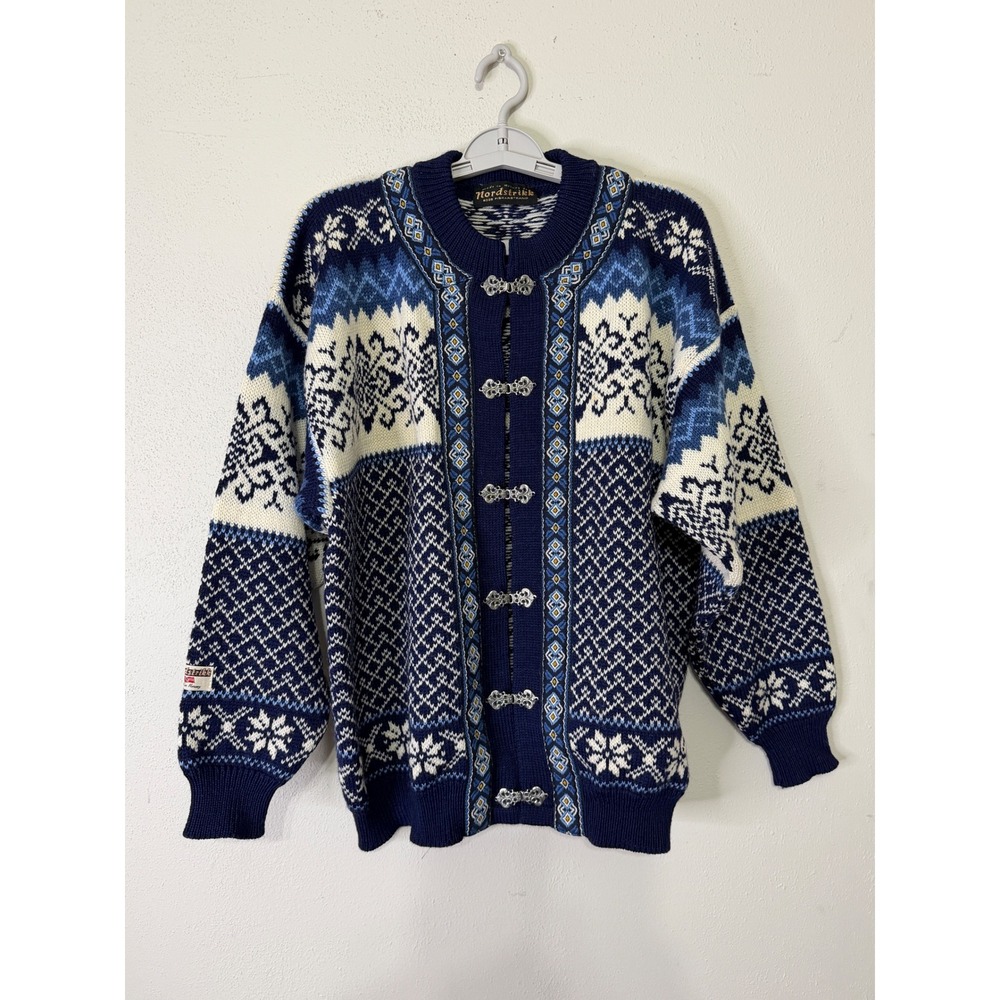 Nordstrikk Norway Wool Cardigan Sweater Navy Blue Fair Isle Size Medium